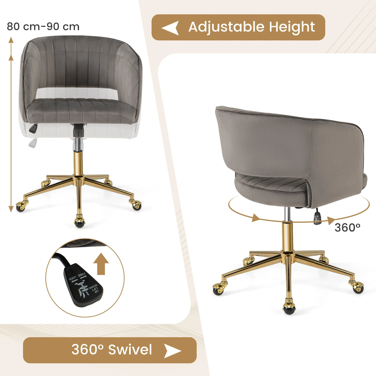 Velvet Home Office Chair with Tufted Back and Rolling Wheels-Grey