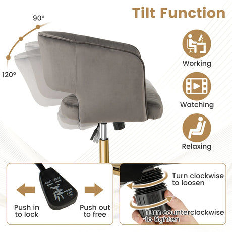 Velvet Home Office Chair with Tufted Back and Rolling Wheels-Grey