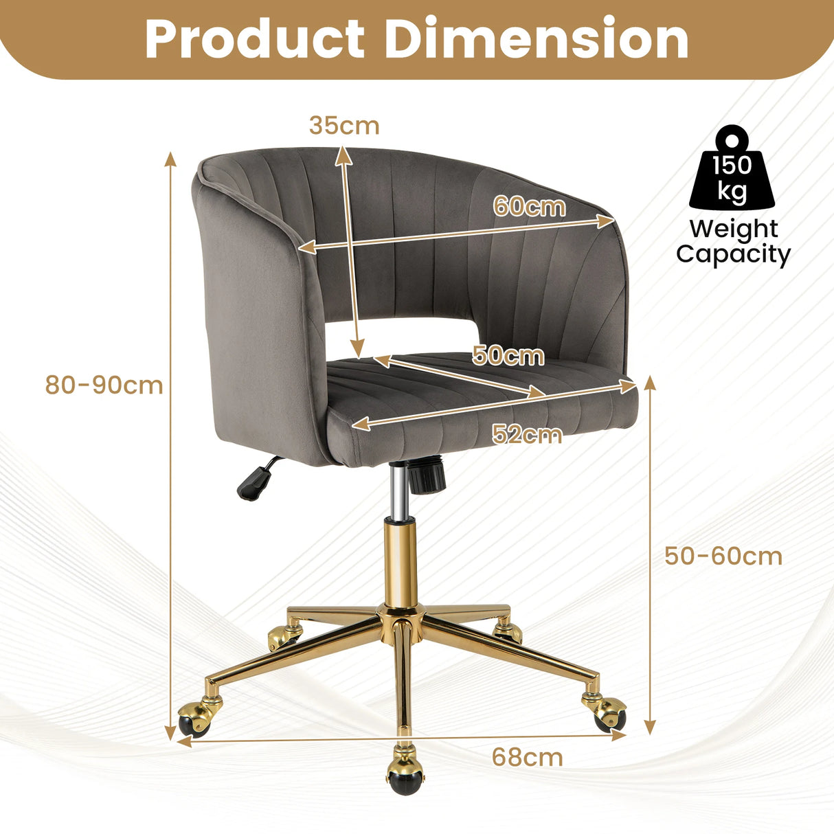 Velvet Home Office Chair with Tufted Back and Rolling Wheels-Grey