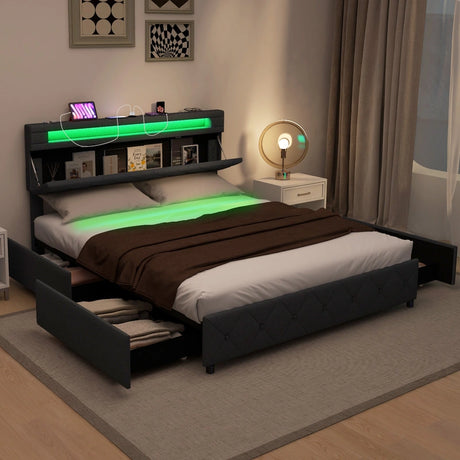 Modern Upholstered Bed Frame with Led Lights and Charging Station-King Size