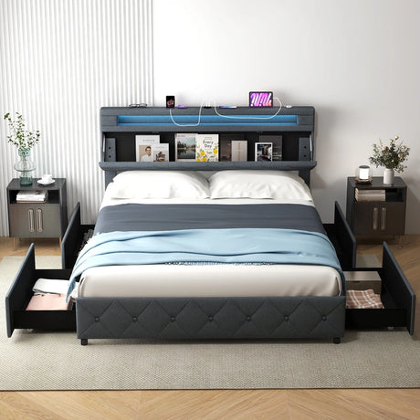 Modern Upholstered Bed Frame with Led Lights and Charging Station-King Size