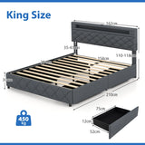 Modern Upholstered Bed Frame with Led Lights and Charging Station-King Size