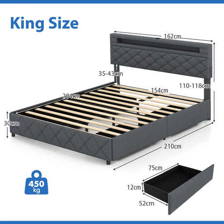 Modern Upholstered Bed Frame with Led Lights and Charging Station-King Size