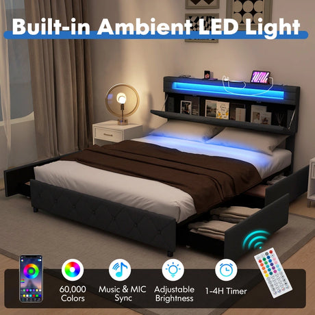 Modern Upholstered Bed Frame with Led Lights and Charging Station-King Size