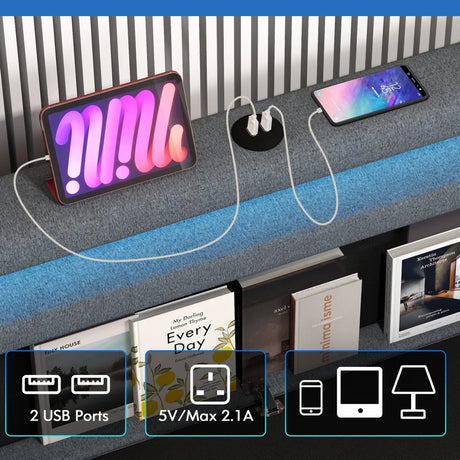 Modern Upholstered Bed Frame with Led Lights and Charging Station-King Size
