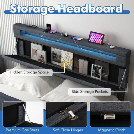 Modern Upholstered Bed Frame with Led Lights and Charging Station-King Size