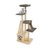 Modern wooden scratching post with cat house &amp; toy ball &amp; ramp 70 x 50 x 169 cm beige