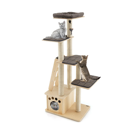 Modern wooden scratching post with cat house &amp; toy ball &amp; ramp 70 x 50 x 169 cm beige