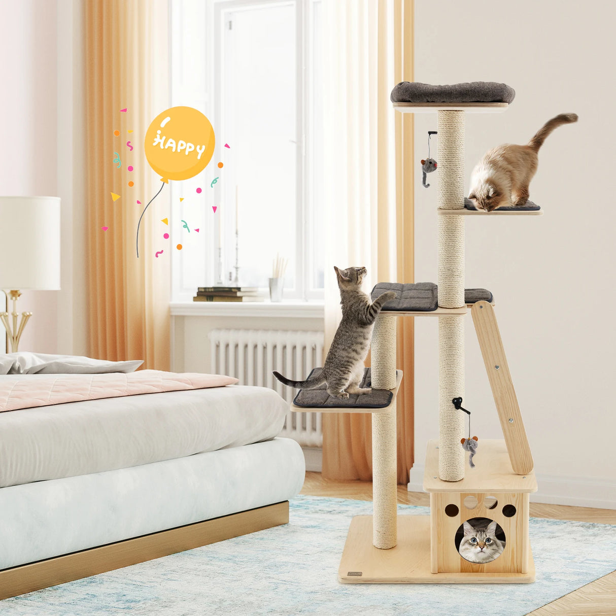 Modern wooden scratching post with cat house &amp; toy ball &amp; ramp 70 x 50 x 169 cm beige