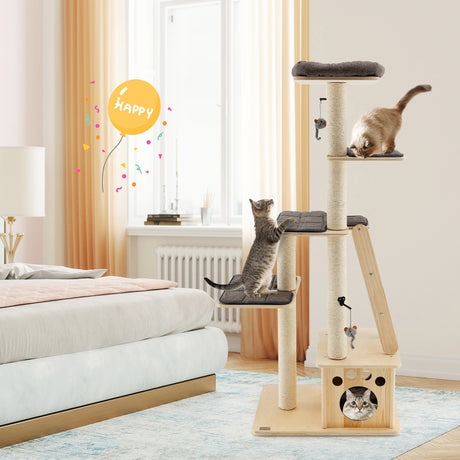 Modern wooden scratching post with cat house &amp; toy ball &amp; ramp 70 x 50 x 169 cm beige