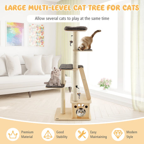 Modern wooden scratching post with cat house &amp; toy ball &amp; ramp 70 x 50 x 169 cm beige