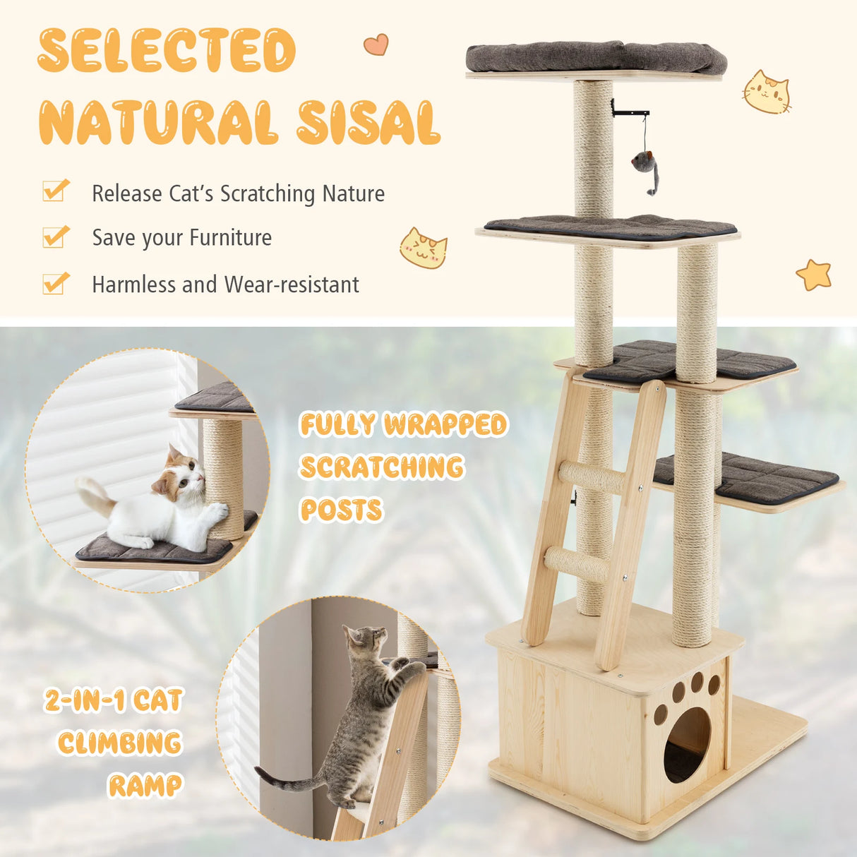 Modern wooden scratching post with cat house &amp; toy ball &amp; ramp 70 x 50 x 169 cm beige