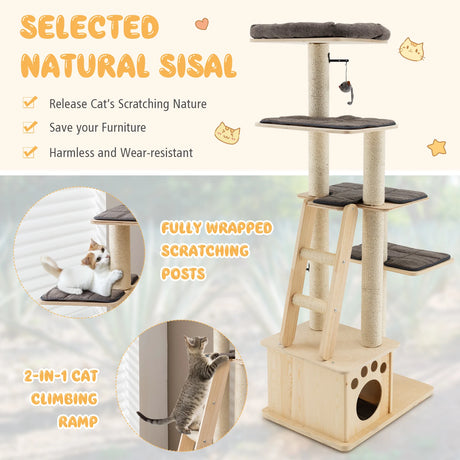 Modern wooden scratching post with cat house &amp; toy ball &amp; ramp 70 x 50 x 169 cm beige