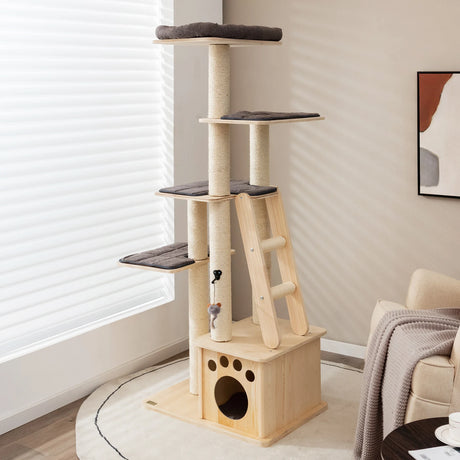 Modern wooden scratching post with cat house &amp; toy ball &amp; ramp 70 x 50 x 169 cm beige
