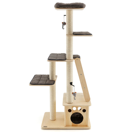 Modern wooden scratching post with cat house &amp; toy ball &amp; ramp 70 x 50 x 169 cm beige
