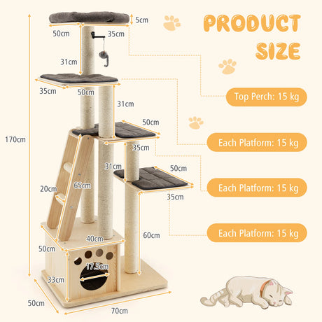 Modern wooden scratching post with cat house &amp; toy ball &amp; ramp 70 x 50 x 169 cm beige