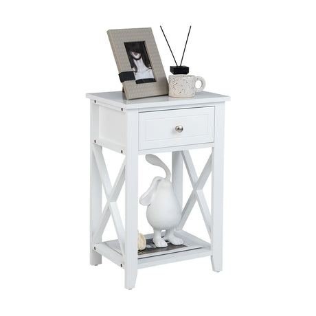 Storage End Bedside Drawer Nightstand w/ Bottom Shelf-White