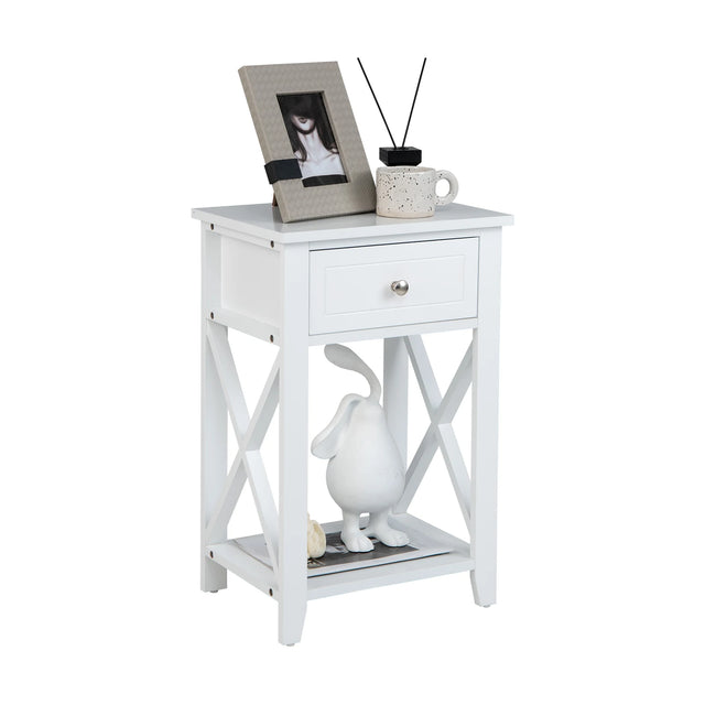 Storage End Bedside Drawer Nightstand w/ Bottom Shelf-White