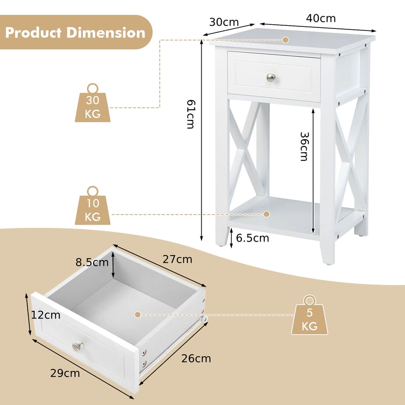 Storage End Bedside Drawer Nightstand w/ Bottom Shelf-White