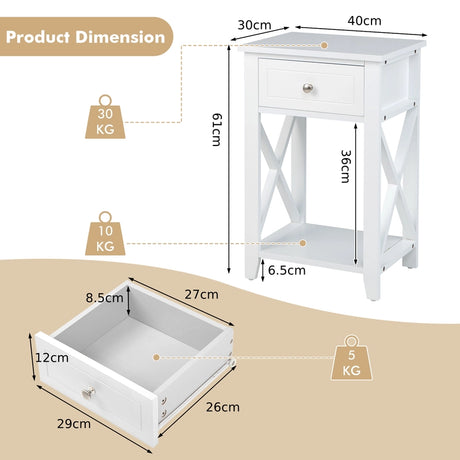 Storage End Bedside Drawer Nightstand w/ Bottom Shelf-White