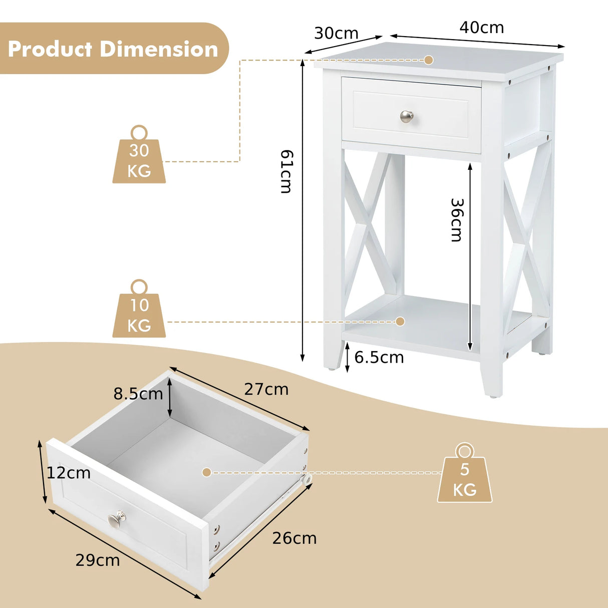 Storage End Bedside Drawer Nightstand w/ Bottom Shelf-White