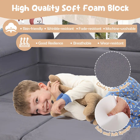 9-Piece Modular Kids Play Couch with Machine-washable Covers-Grey