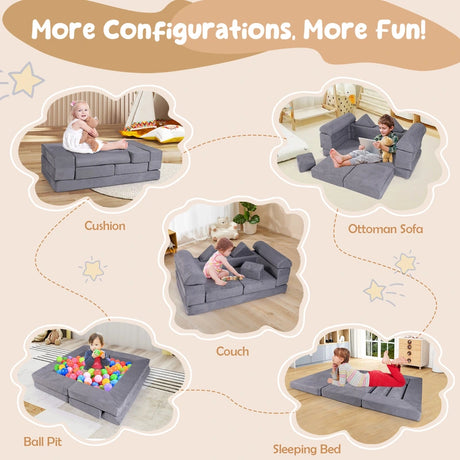 9-Piece Modular Kids Play Couch with Machine-washable Covers-Grey