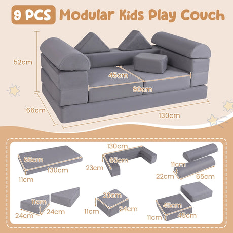 9-Piece Modular Kids Play Couch with Machine-washable Covers-Grey