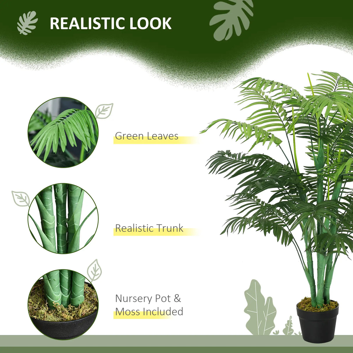 Outsunny 125cm/4FT Artificial Palm Plant Decorative Tree with Nursery Pot, Fake Plastic Indoor Home Office Dcor, Green