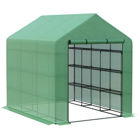 Outsunny Walk-in Greenhouse with 4 Tier 24 Shelves, Portable Grow House with Roll-up Zipped Door, 244 x 180 x 210cm, Green