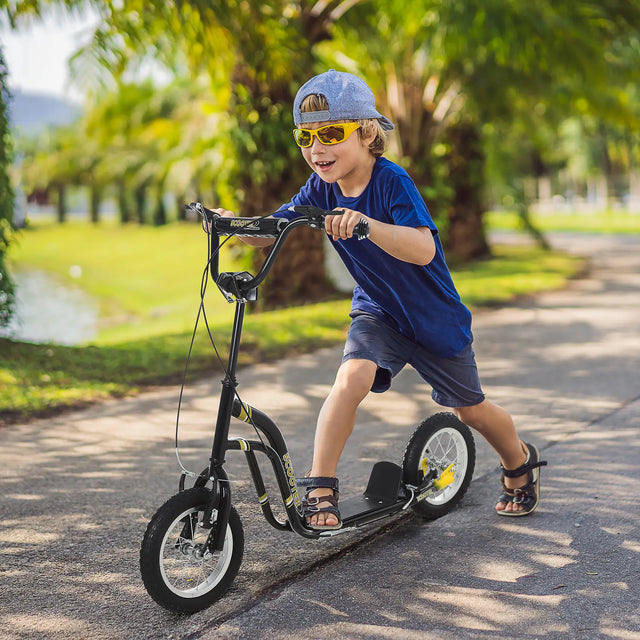 HOMCOM Teen Kids Stunt Scooter w/ Adjustable Handlebar, 12 Inch Rubber Tyres, Dual Brakes, Black
