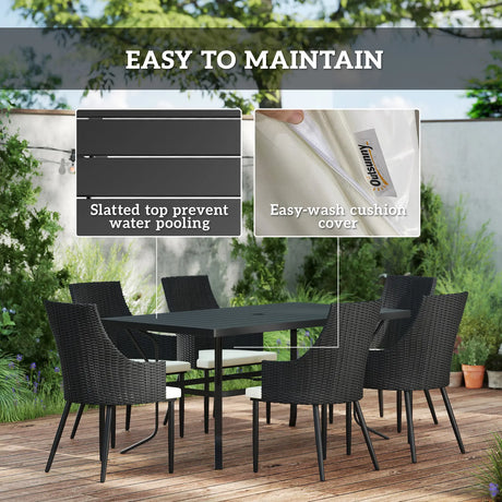 Outsunny 6 Seater Rattan Dining Set with Cushions, Garden Furniture Set with Armchairs, Rectangle Slatted Table Top, Steel Frame, Parasol Hole, Wicker Outdoor Furniture for Patio, Balcony, Cream White