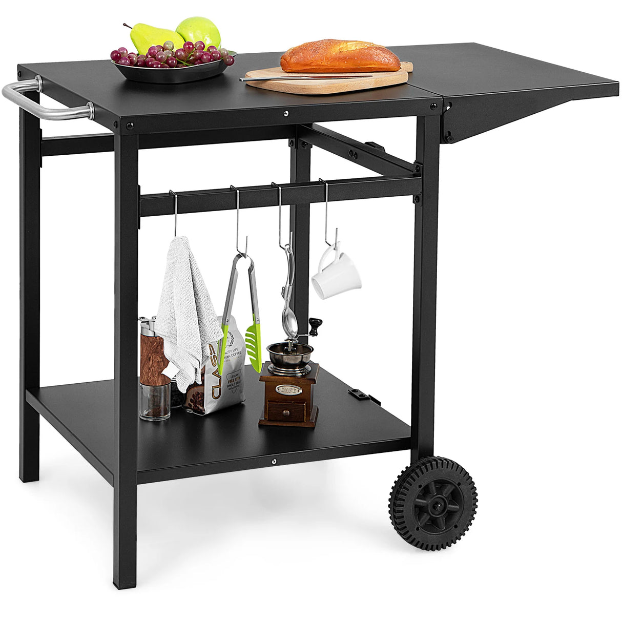 Movable Double-Shelf Dining Cart Table with Folding Tabletop