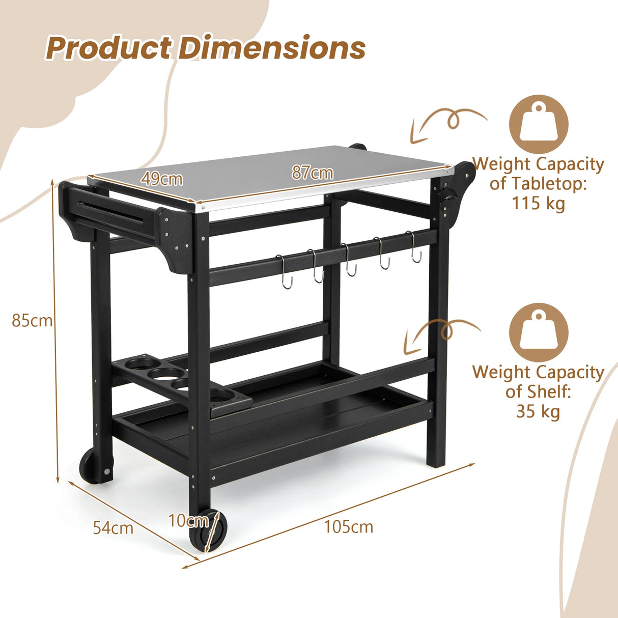 Movable Outdoor Dining Cart Table HDPE Pizza Oven Stand Table with Stainless Steel Tabletop-Black