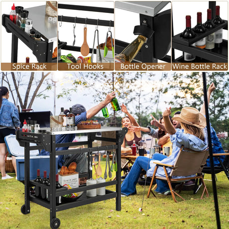 Movable Outdoor Dining Cart Table HDPE Pizza Oven Stand Table with Stainless Steel Tabletop-Black