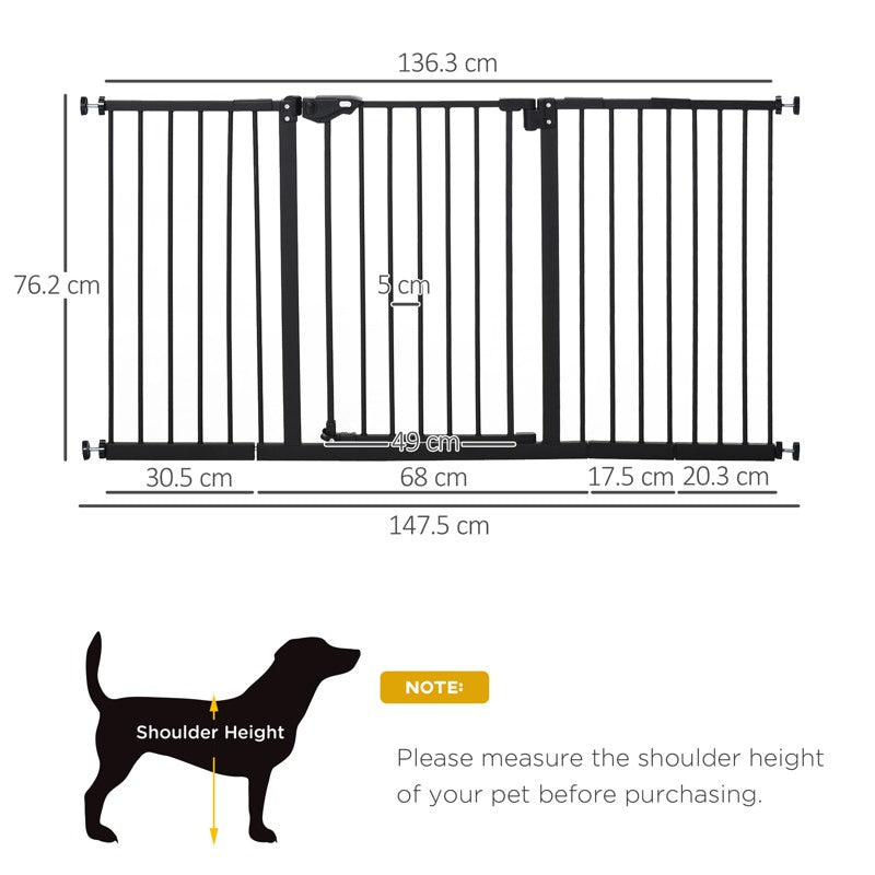 PawHut Dog Gate Stair Gate Pressure Fit Pets Barrier Auto Close for Doorway Hallway, 74-148cm Wide Adjustable, Black