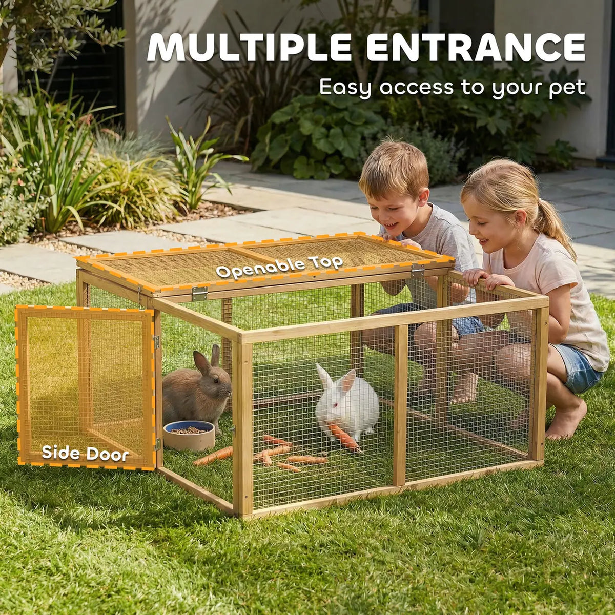 PawHut Wooden Folding Rabbit Hutch, for 2-3 Rabbits - Natural Wood