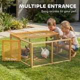 PawHut Wooden Folding Rabbit Hutch, for 2-3 Rabbits - Natural Wood