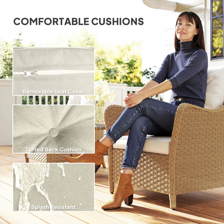 Outsunny Rattan Garden Chairs Set of 2, Outdoor Rattan Chairs with Cushions, Armrests and High Back, PE Wicker Garden Armchair with Steel Frame for Balcony, Porch, Beige