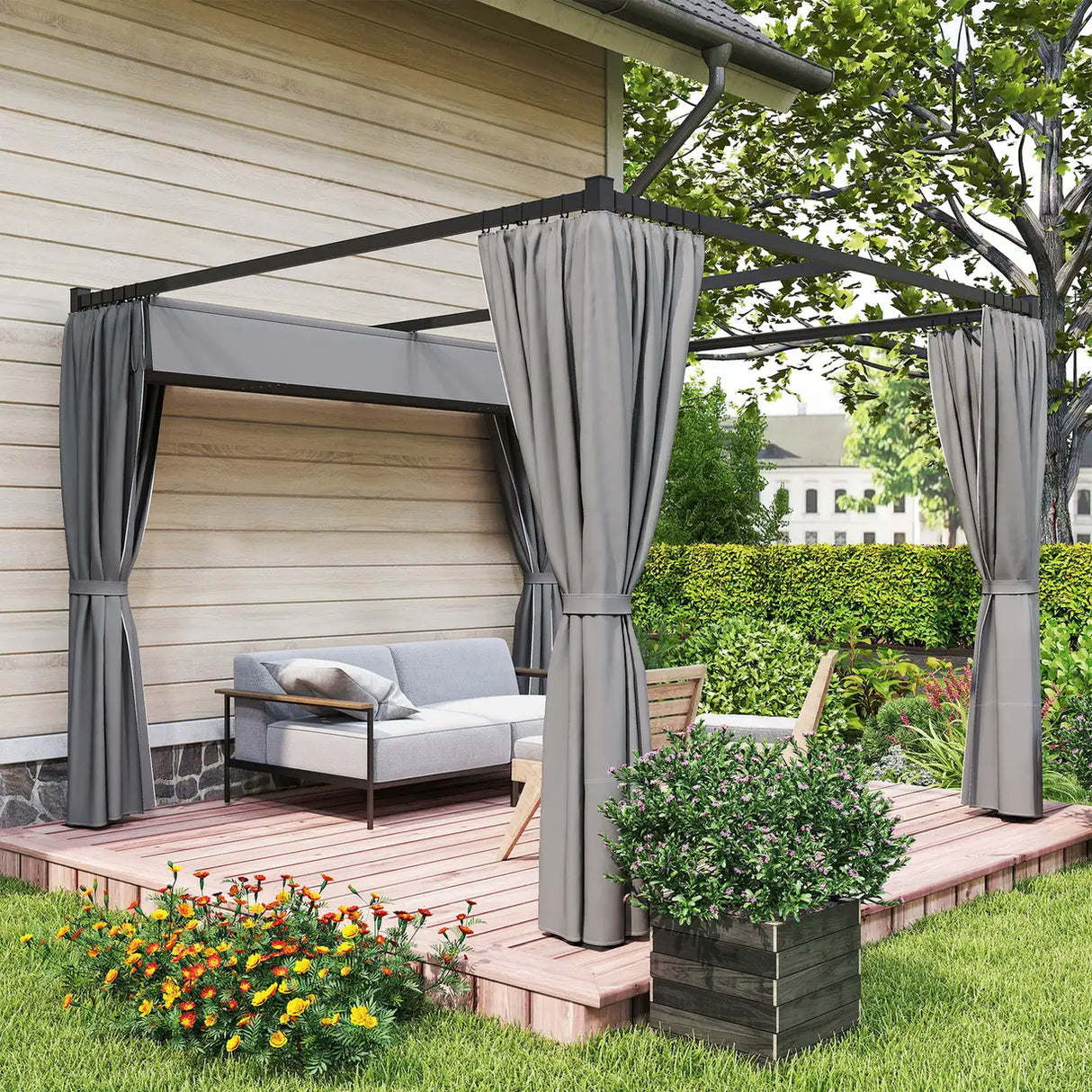 Outsunny 3 x 3m Moving Canopy Metal Pergola, with Curtains - Grey