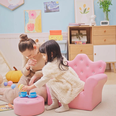 HOMCOM Children Kids Sofa Set Armchair Chair Seat with Free Footstool PU Leather for Girls 58L x 40.5W x 49H cm Pink