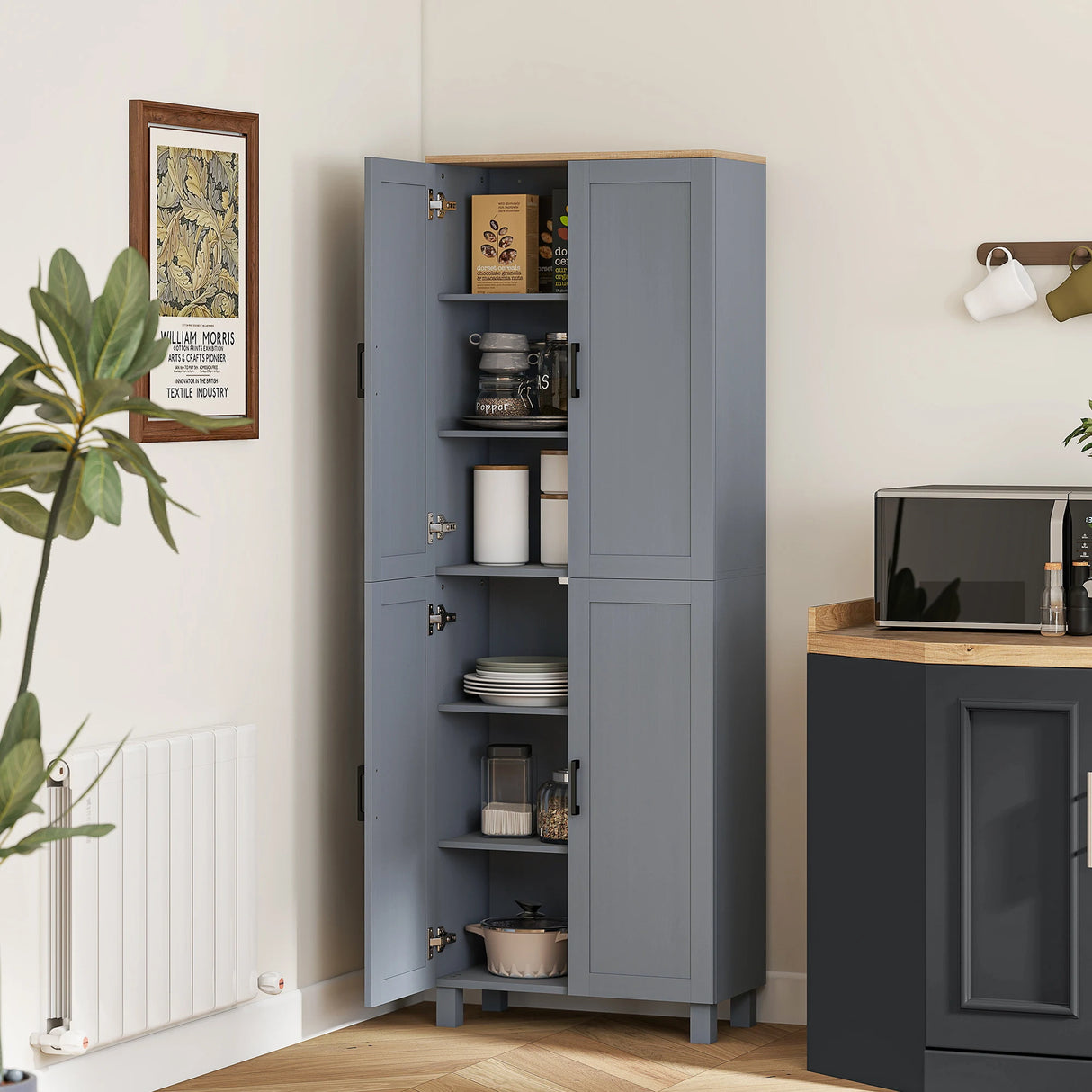 HOMCOM Freestanding Kitchen Cupboard, 4-Door Storage Cabinet with Adjustable Shelves, Modern Kitchen Pantry for Dining Room, 170cm, Grey Wood Effect