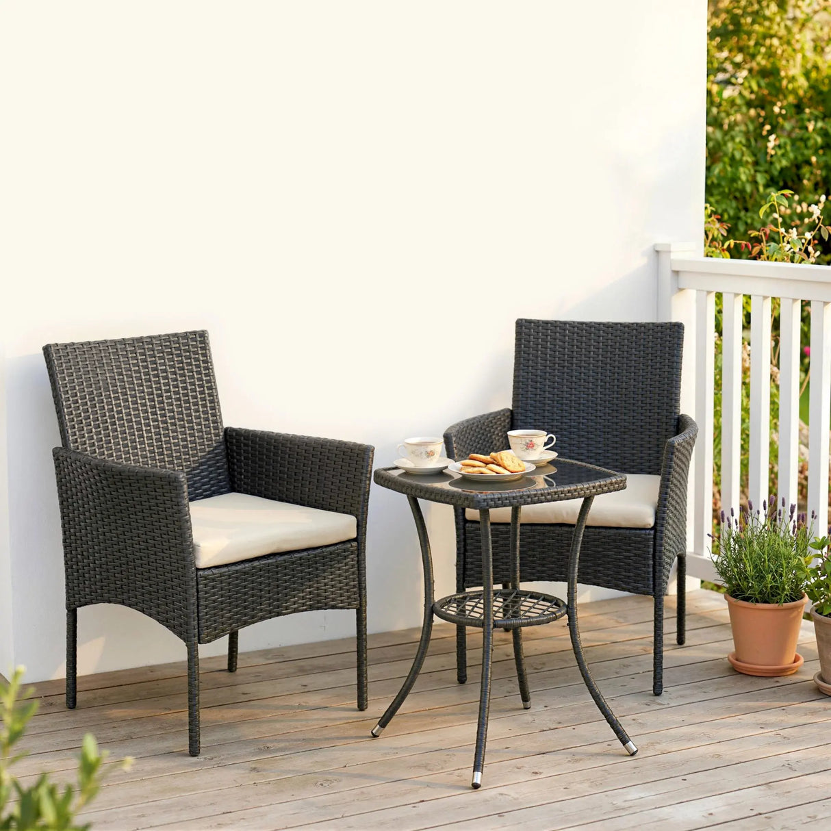 Outsunny 3 Piece Rattan Bistro Set, PE Wicker Garden Furniture Conversation Set with 2 Tier Glass-Top Table, Chairs, Cream White