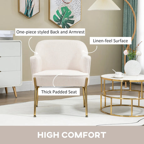 HOMCOM Accent Chair, Living Room Armchair, Vanity Chair with Gold Plating Metal Legs and Soft Padded Seat for Bedroom and Caf, Set of 2, White