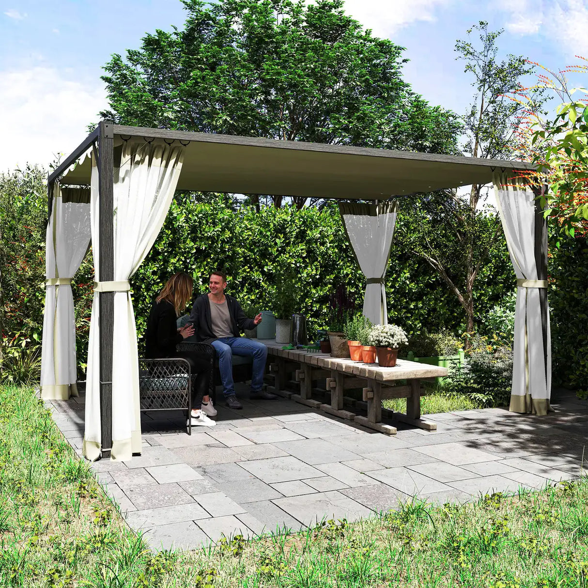 Outsunny 3 x 4m Aluminium Frame Pergola, with Retractable Roof - Khaki