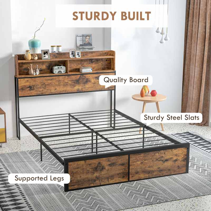 HOMCOM Industrial Double Bed Frame, 4.8FT Steel Bed Base with Storage Headboard, Footboard, Slatted Support and Under Bed Storage, 145 x 209cm, Rustic Brown