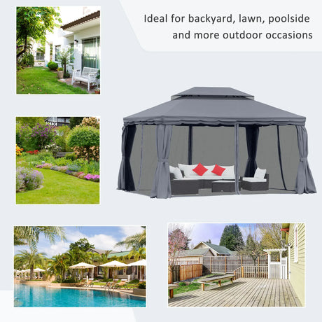 Outsunny 3 x 4m Aluminium Garden Gazebo, Marquee Canopy Shelter Pavilion Party Tent with Nets and Curtains for Garden and Deck, Dark Grey