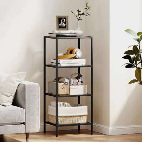 HOMCOM 4-Tier Shelving Unit, Glass Shelf, Vertical Storage Shelf for Living Room, Home Office, Bedroom, Bathroom, Black