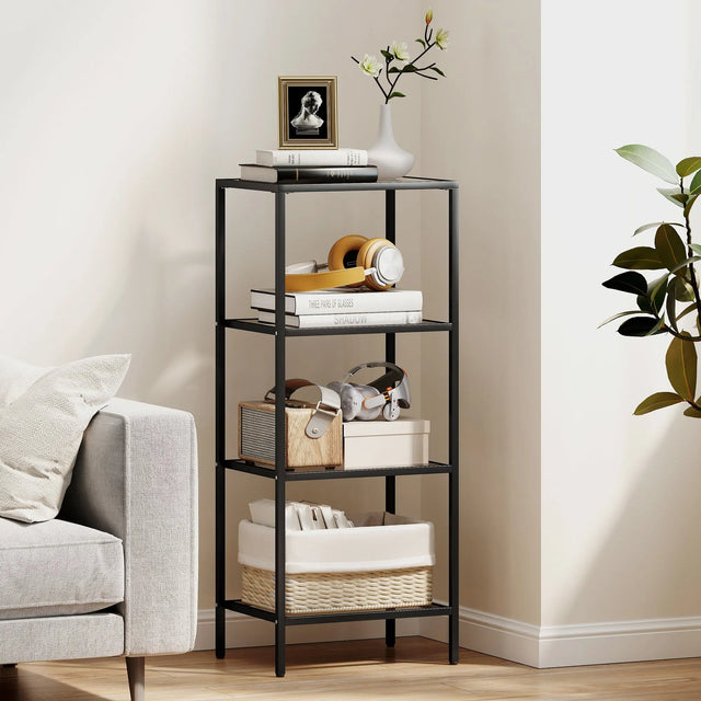 HOMCOM 4-Tier Shelving Unit, Glass Shelf, Vertical Storage Shelf for Living Room, Home Office, Bedroom, Bathroom, Black