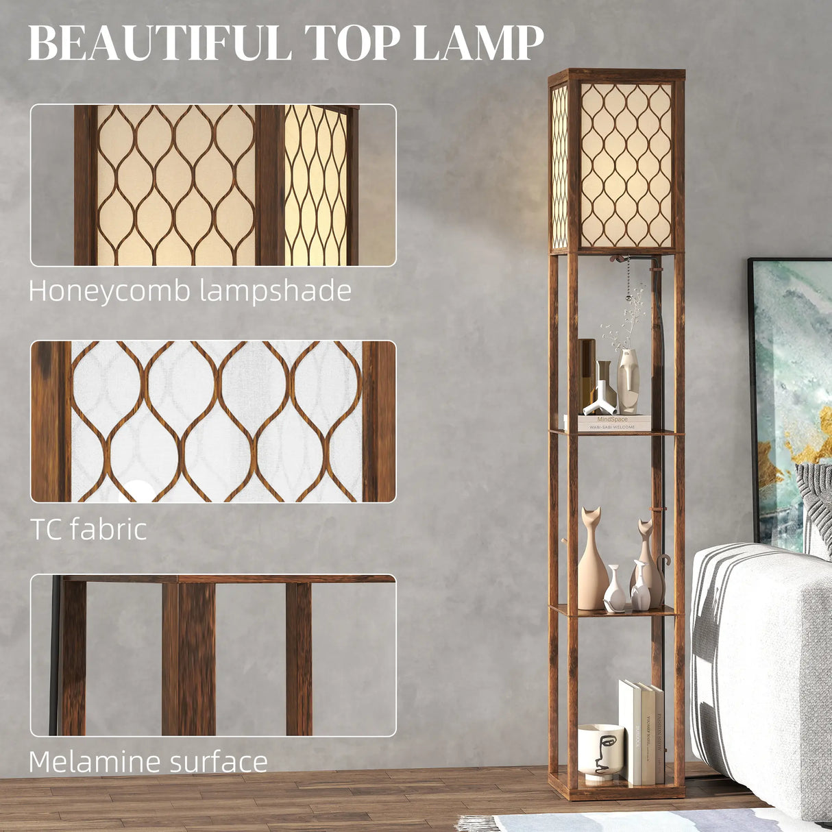 HOMCOM Three-Shelf Standing Lamp - Rustic Brown/White